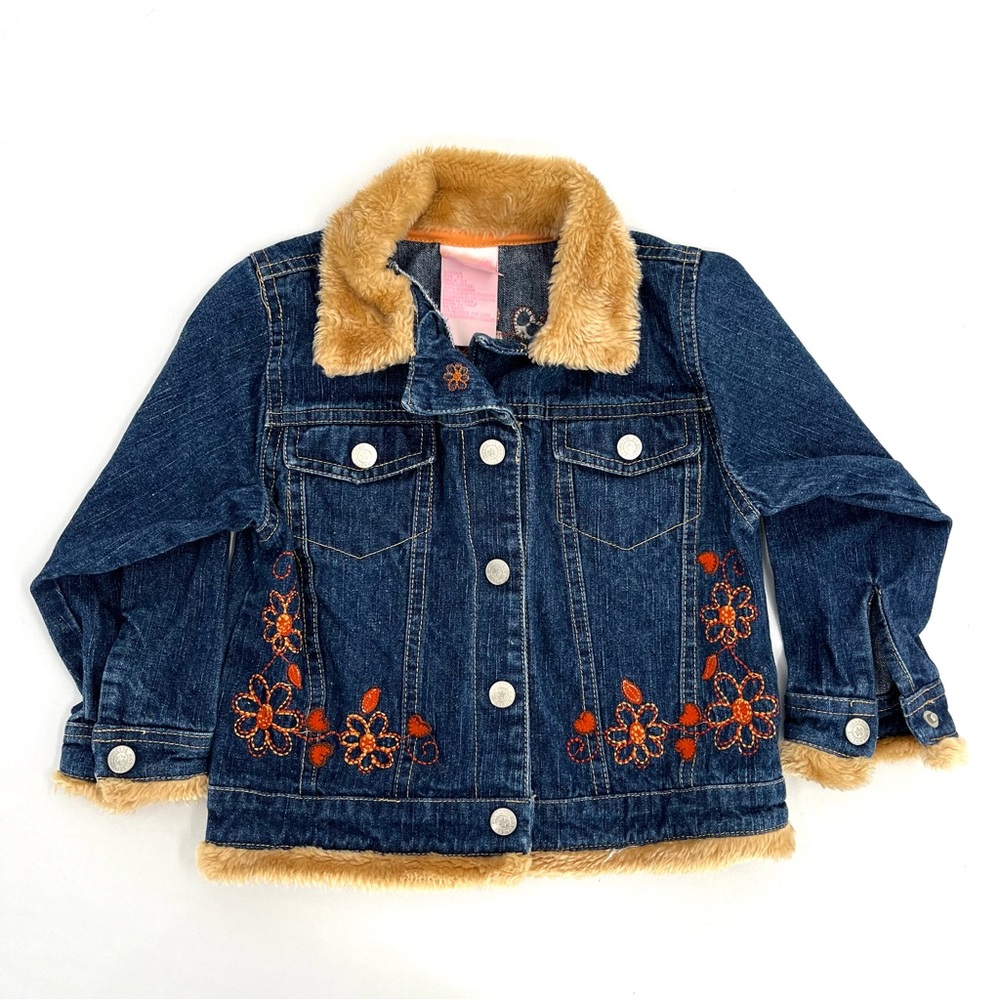 Nannette Girl Denim Jacket with Floral Embroidery and Faux Fur Trim